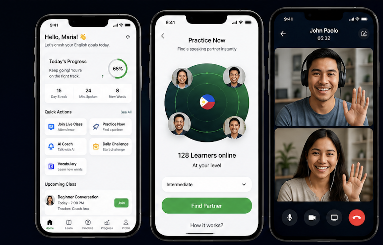 Speaki English fluency app screens showing live English speaking practice and live classes